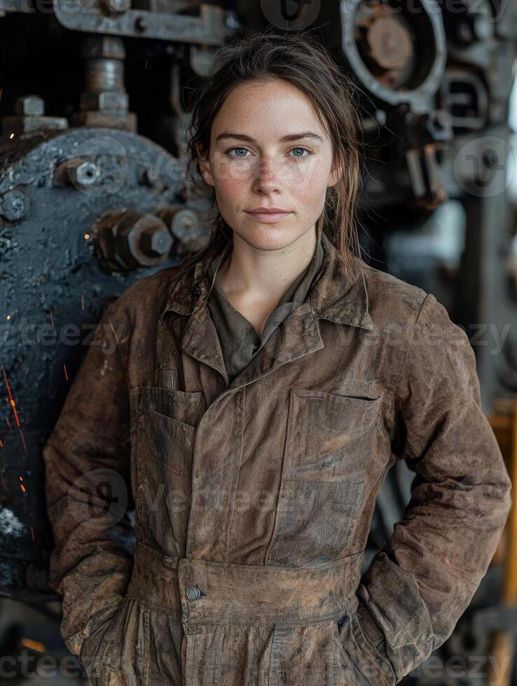 Female engineer in dirty overalls working in a factory photo