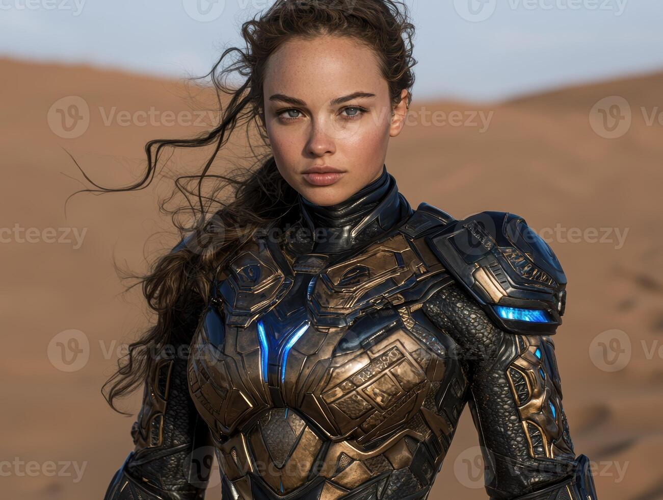 a woman in armor standing in the desert photo