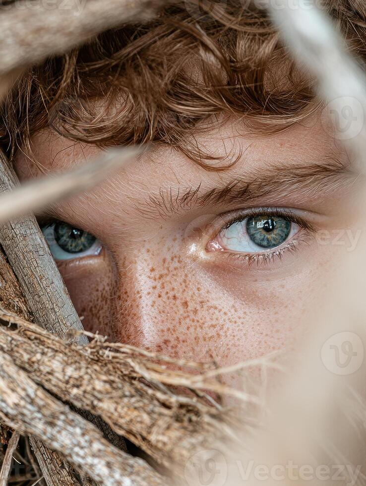 Close up portrait of a freckled redhead boy hiding behind branches photo
