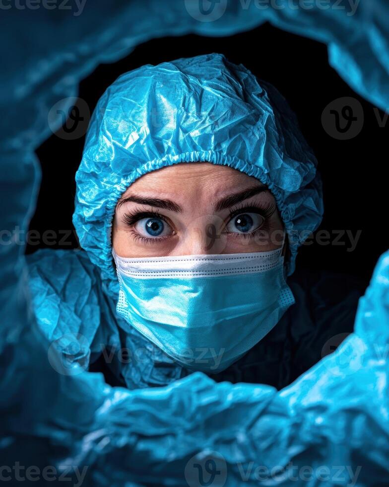 Close up of a doctors eyes peering from behind a surgical mask and protective gear photo