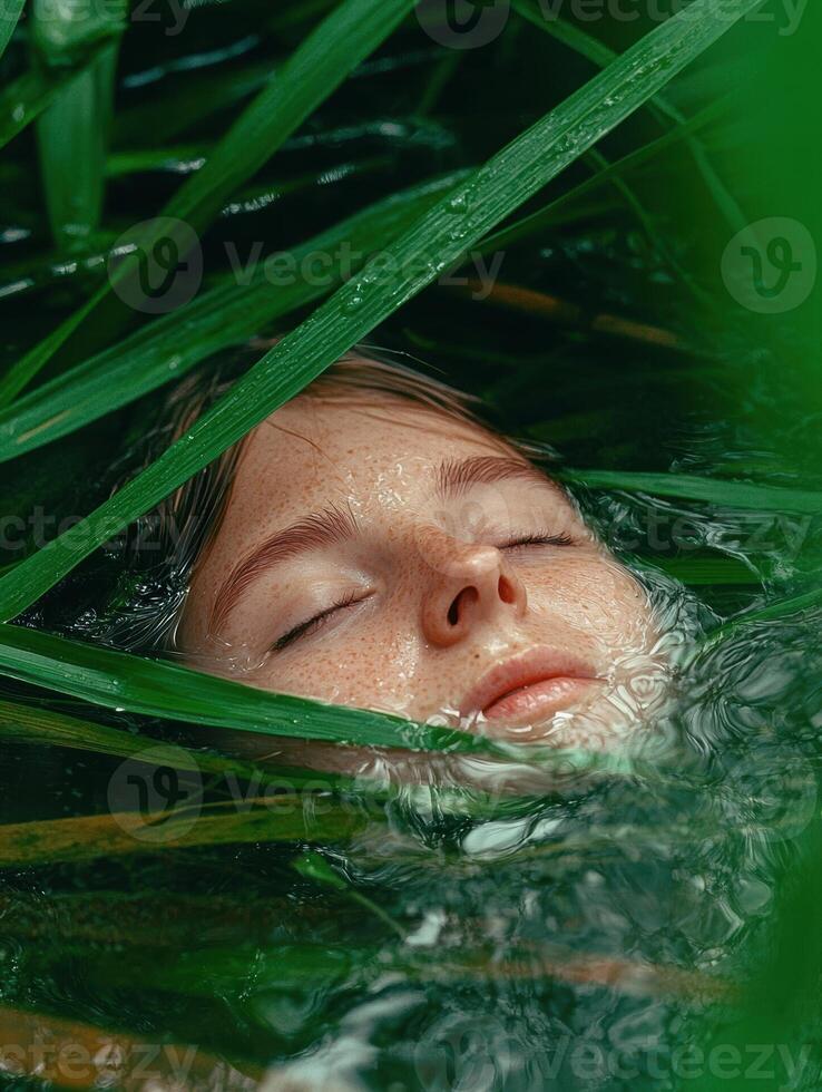 Teenage girl with freckles submerged in a lush green pond photo
