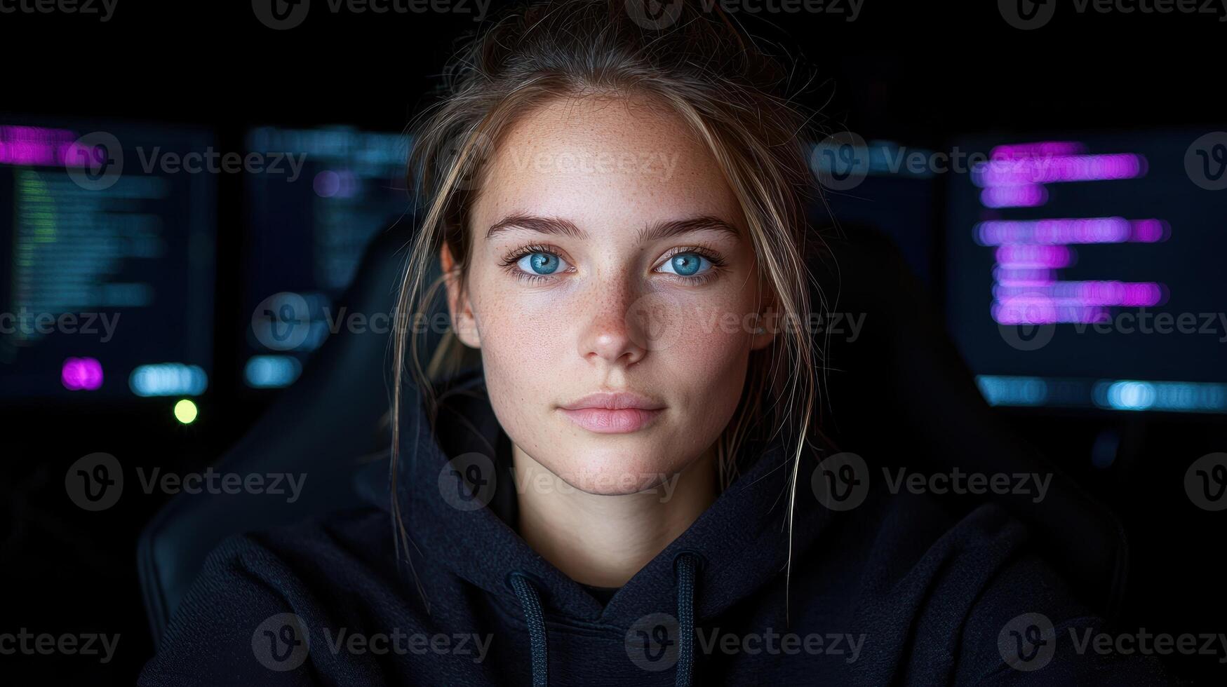 Portrait of a young woman programmer working late at night photo