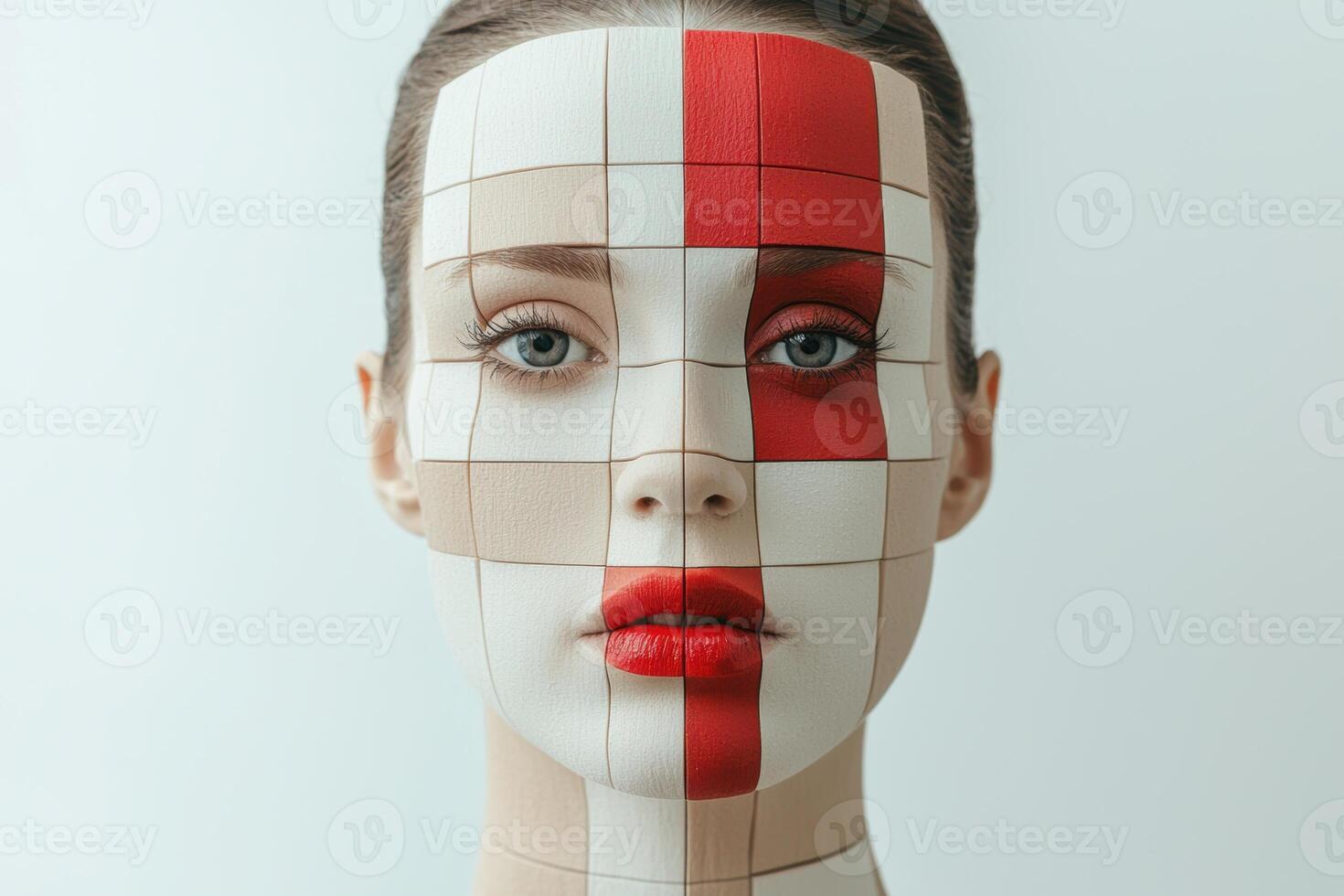 Woman with geometric makeup, red and white squares on face, beauty, fashion, art photo