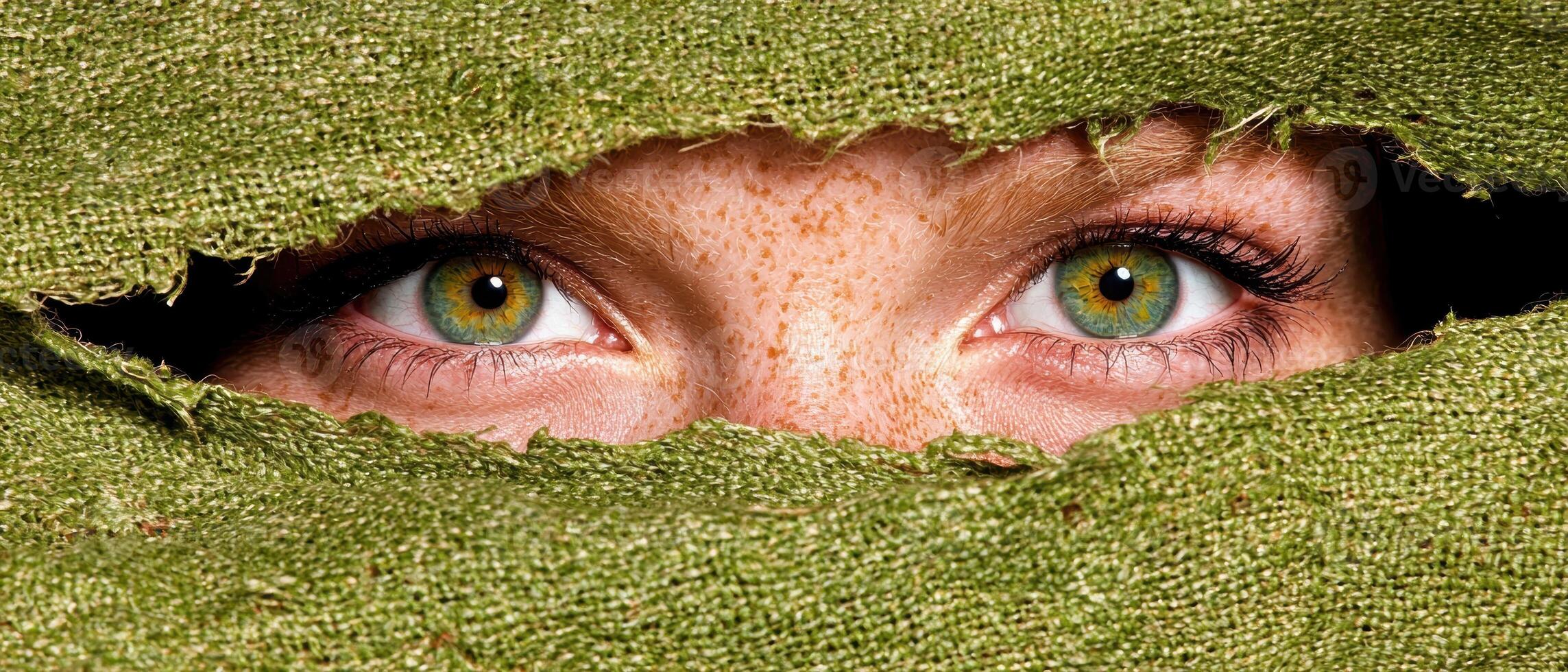 Close up of a womans eyes peering through a torn green fabric photo