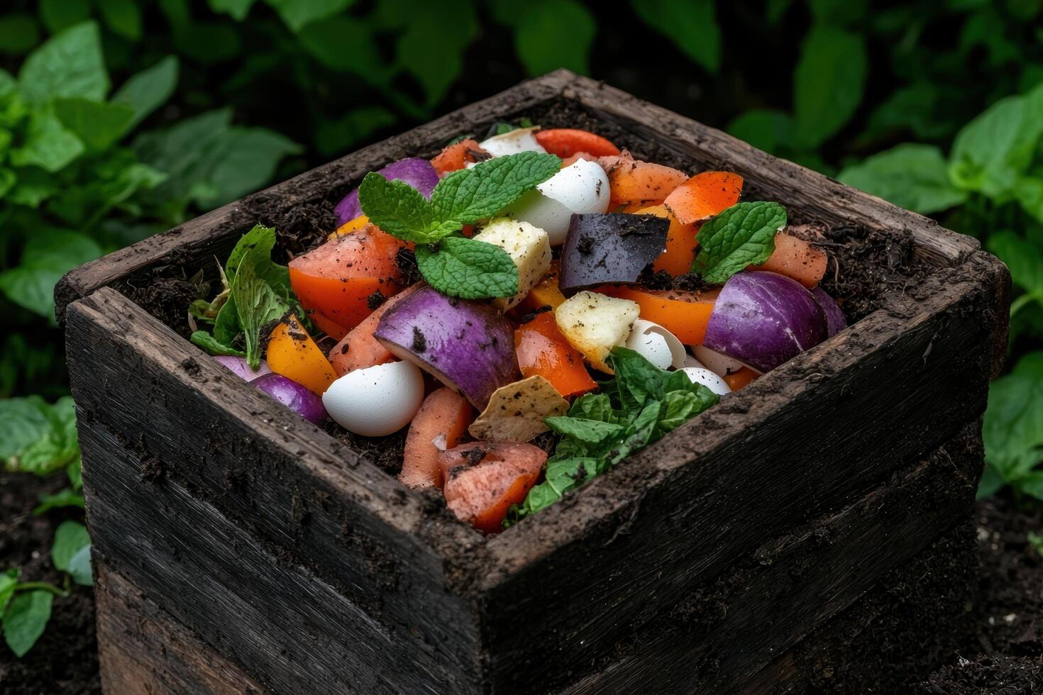 Close up of a wooden compost bin filled with vegetable scraps and eggshells photo