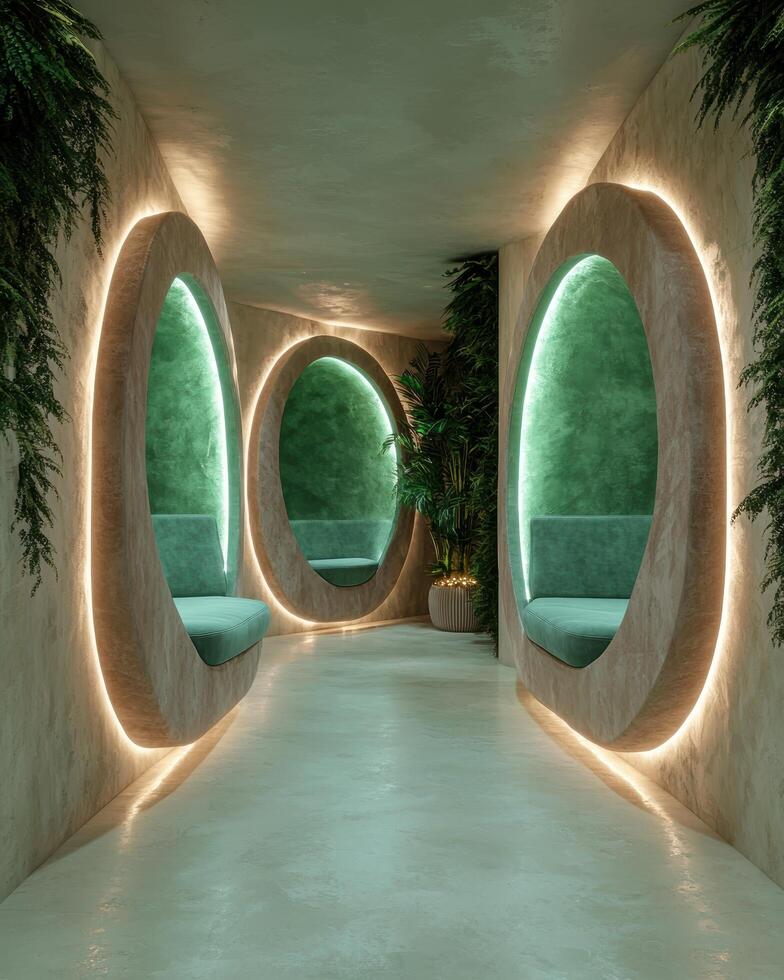 Modern and stylish interior design of a hallway with green walls and circular seating areas photo