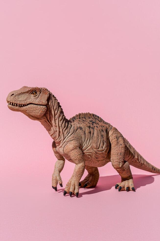 Pink dinosaur toy on pink background photo