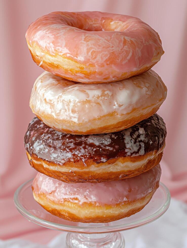 Stack of four assorted donuts with pink, white, and chocolate icing photo