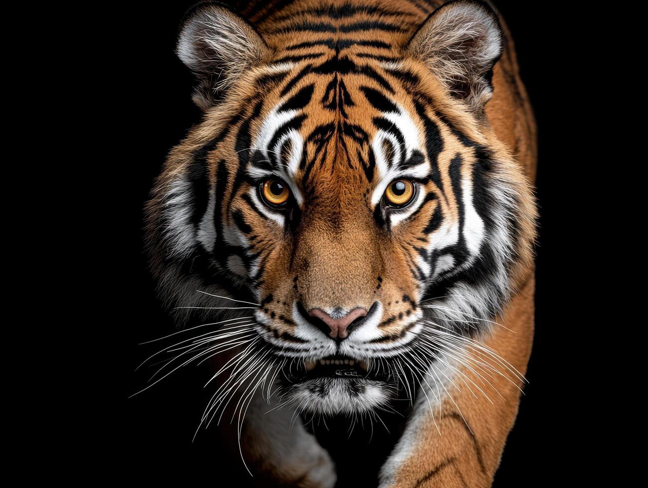 Closeup of a tigers face, looking directly at the camera photo