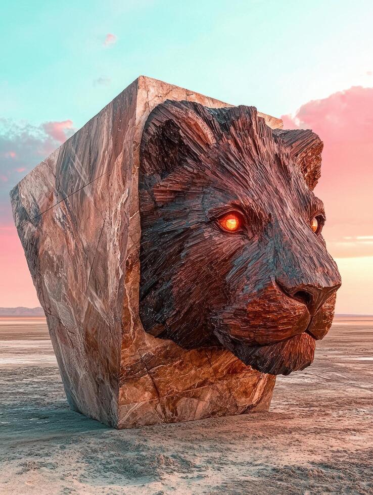 Lion head sculpture emerges from a stone block in a desert landscape photo