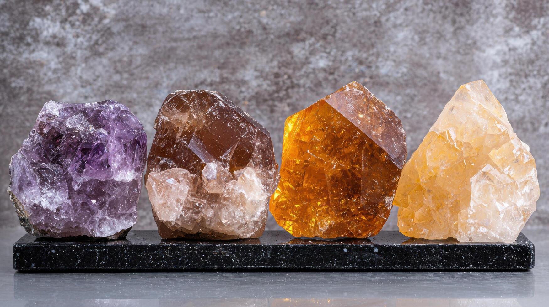 Four tumbled crystals on black stone background photo