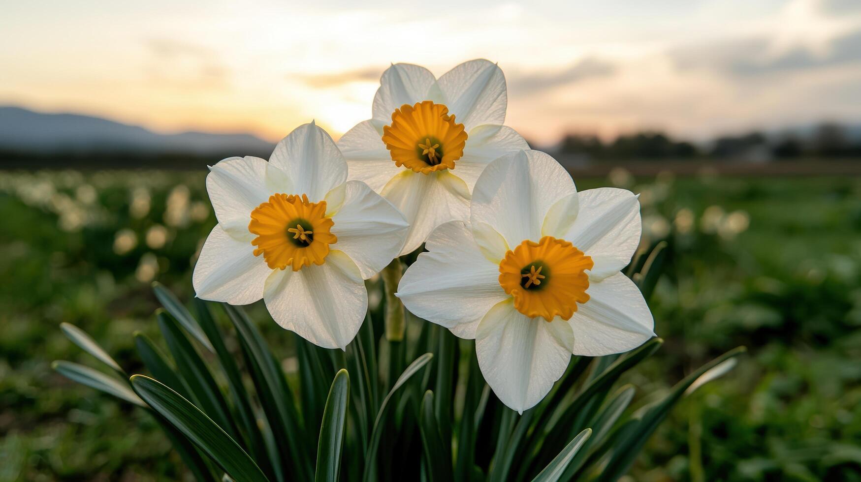 Three white daffodils with orange centers in a field at sunset photo