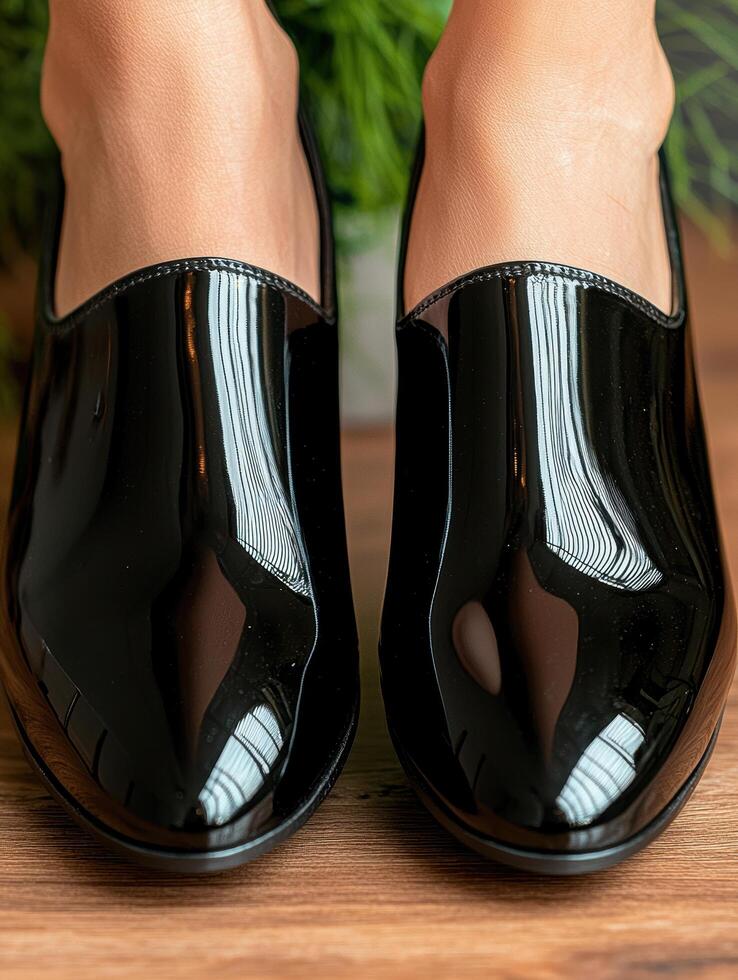 Womans feet in black patent leather shoes photo