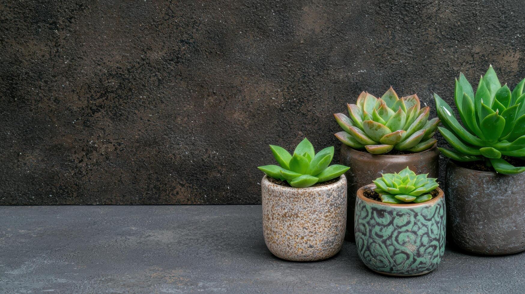 Collection of succulents in various pots on a dark background photo