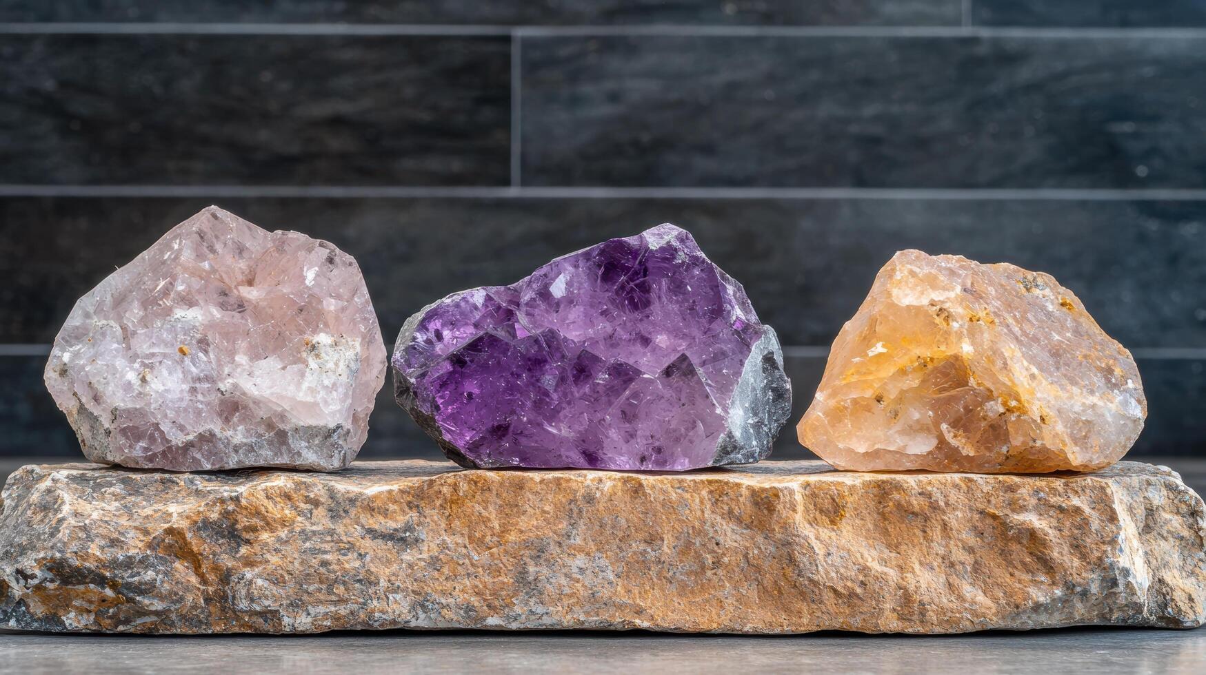 Amethyst, rose quartz, and citrine crystals on a stone slab photo