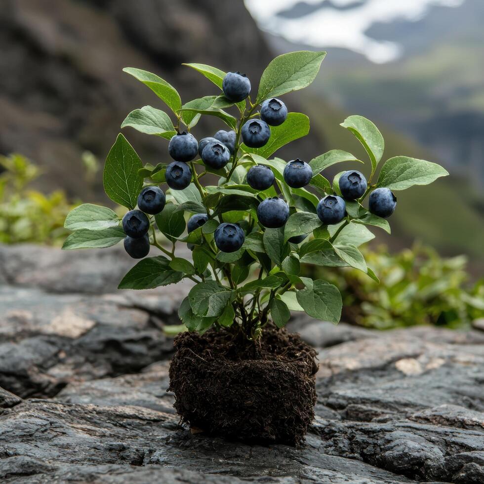 Wild blueberries growing on a rocky mountainside photo