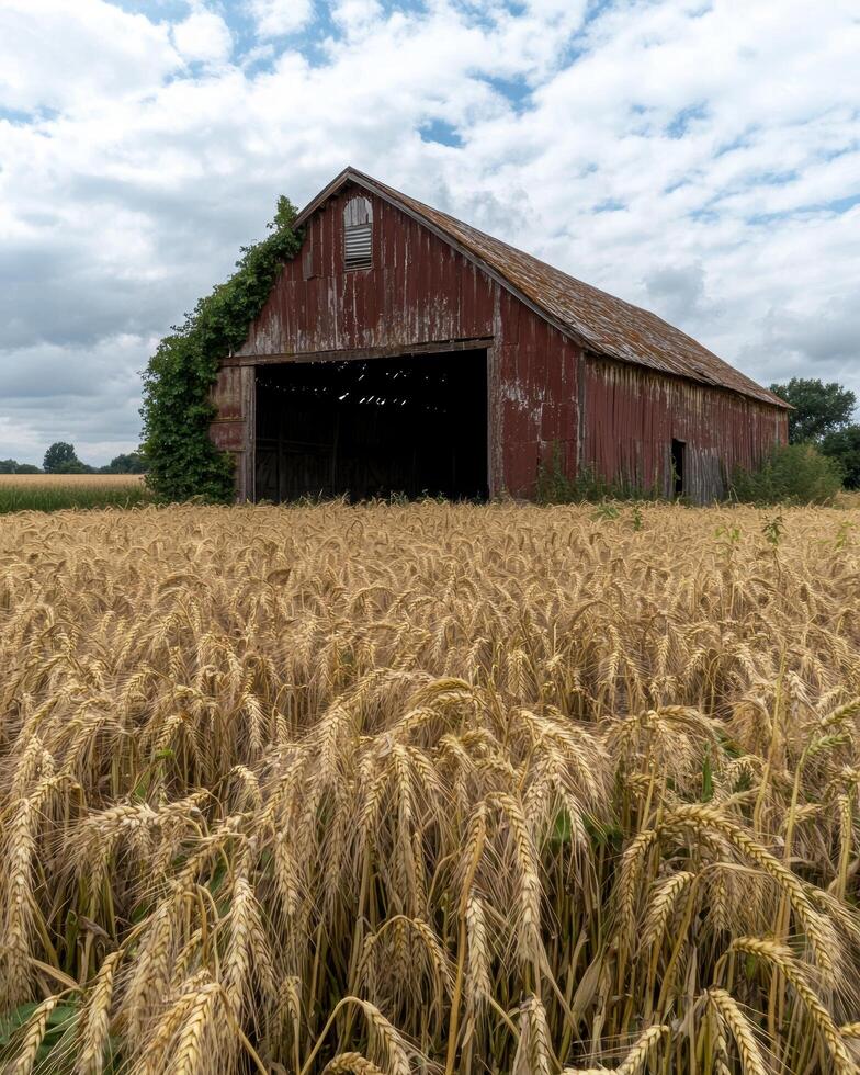 Old red barn in a field of wheat photo