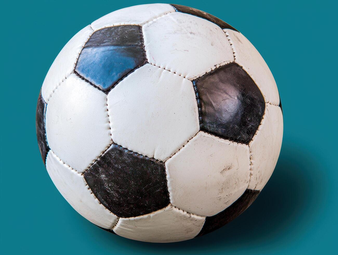 Close up of a worn out soccer ball against a teal background photo