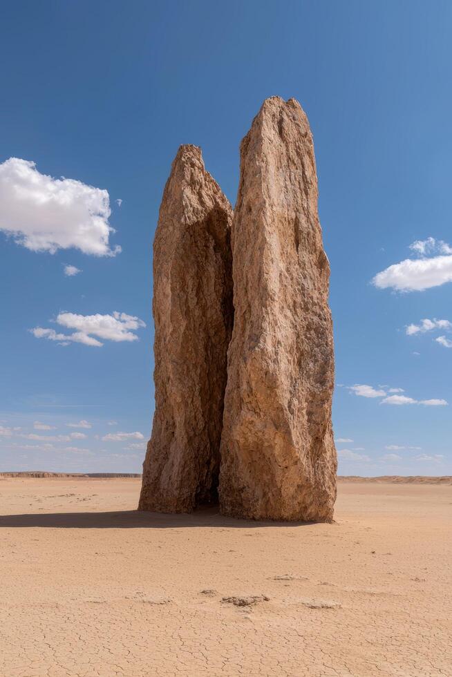Two tall rock formations stand in the middle of a desert landscape under a bright blue sky photo