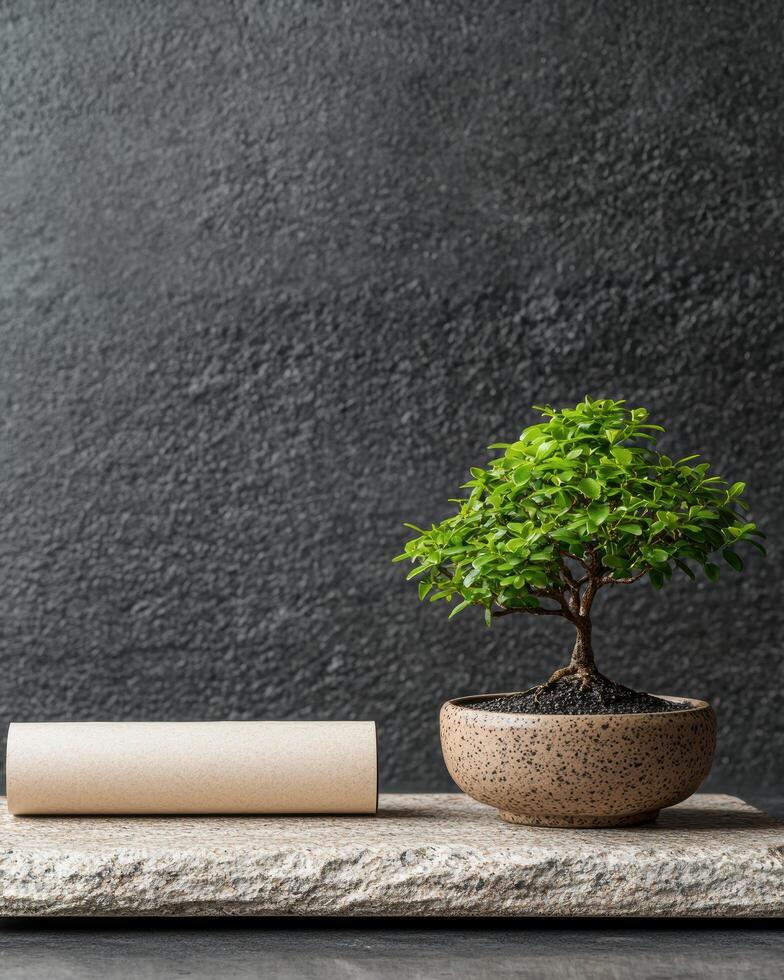 Zen garden with bonsai tree and blank paper scroll photo