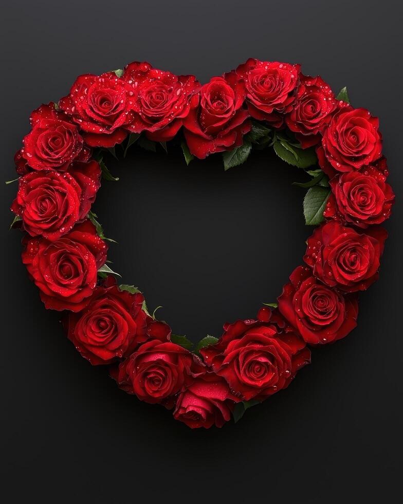 Heart shaped frame of red roses with water drops on black background photo