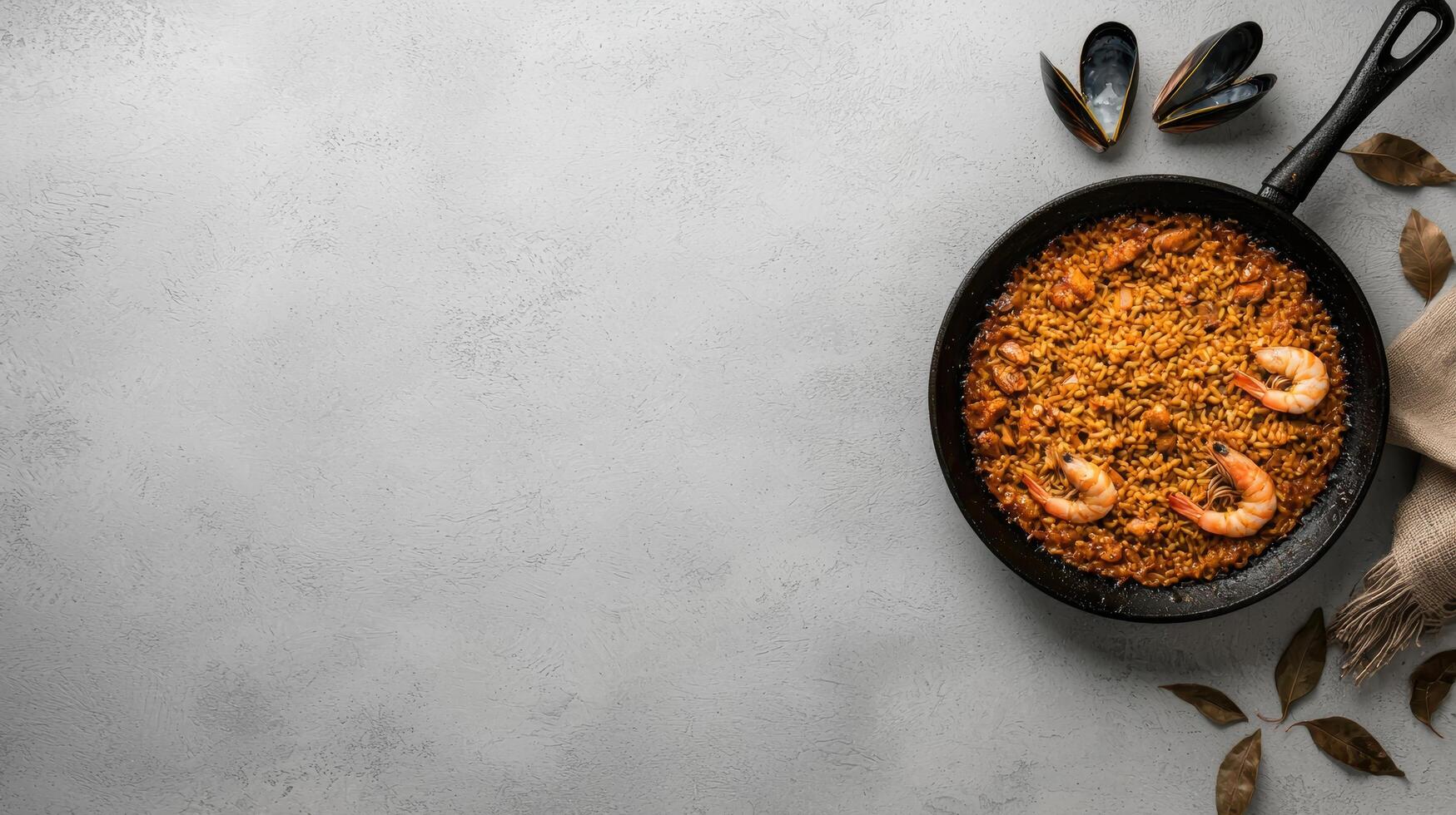 Overhead view of a delicious seafood paella in a rustic pan, garnished with shrimp and mussels photo