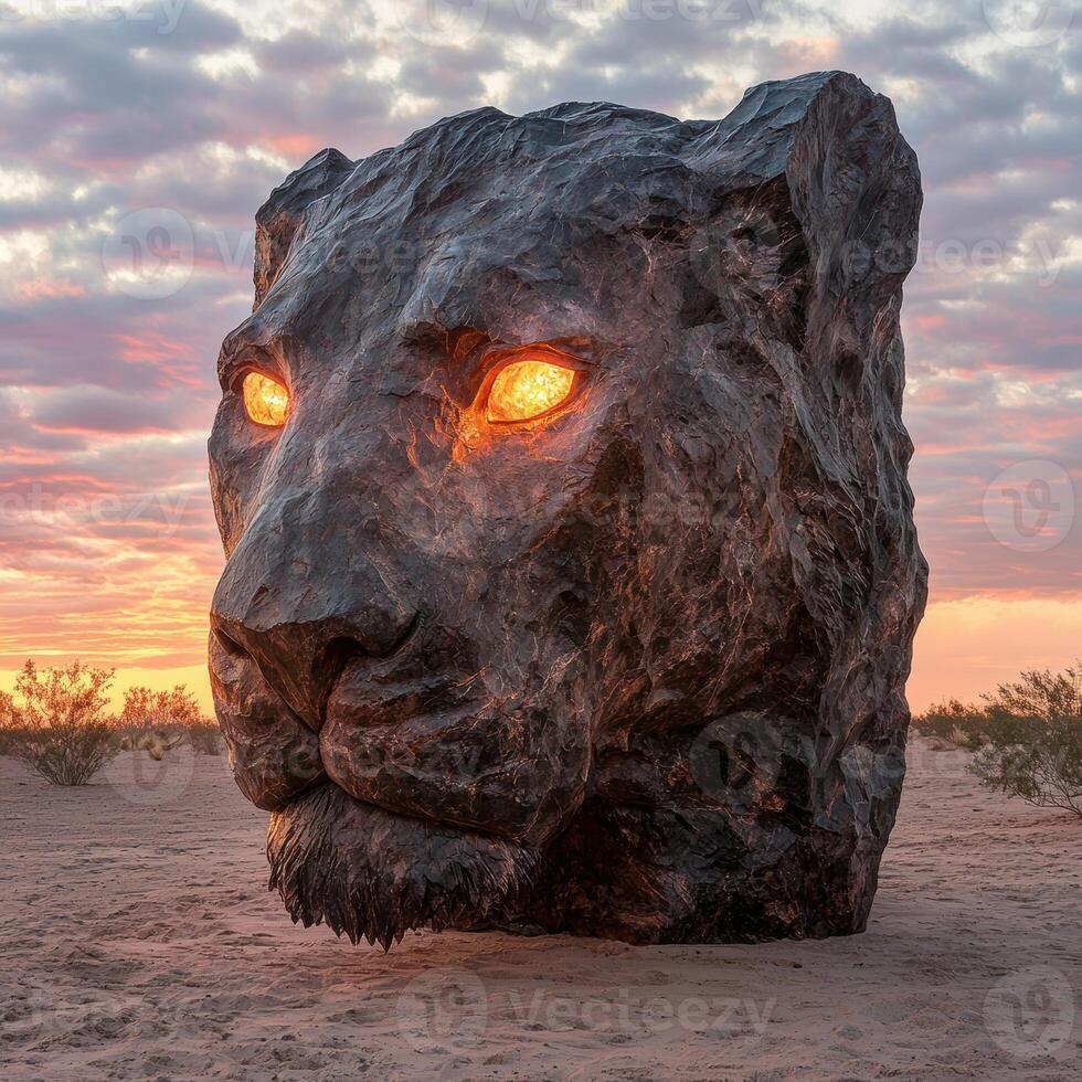 Glowing eyes of a stone lion sculpture in the desert at sunset photo