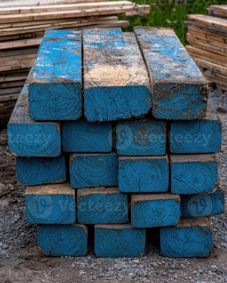 Stack of blue painted wooden beams photo