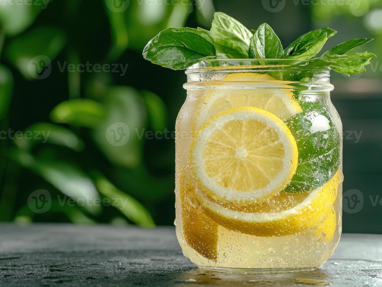 Refreshing homemade lemonade in a mason jar with lemon slices and mint photo