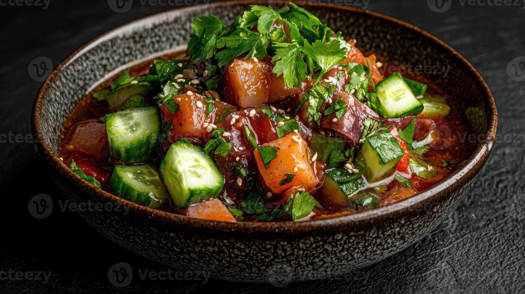 Delicious and refreshing seafood salad with cucumber and sesame seeds photo