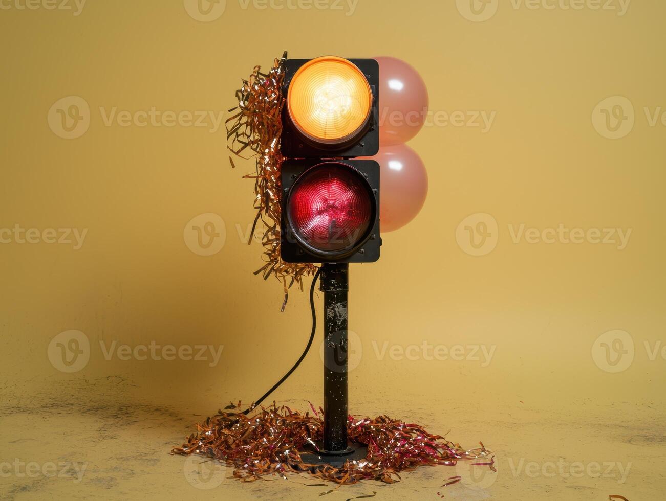 Red light, party time. Festive traffic light with balloons and confetti photo