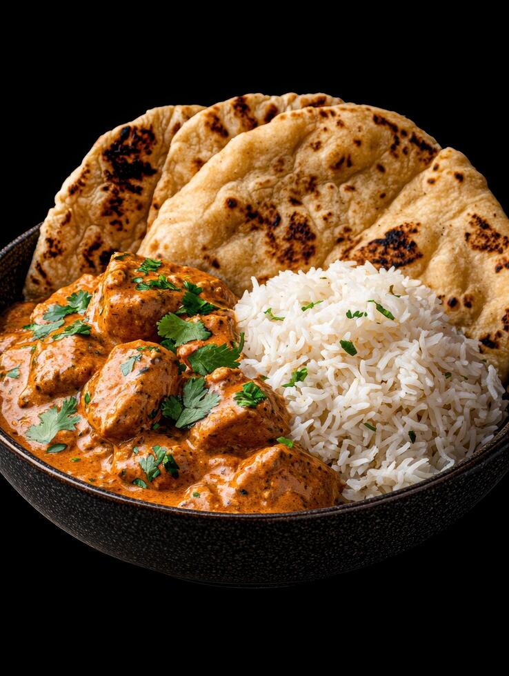 Delicious butter chicken with rice and naan bread. photo