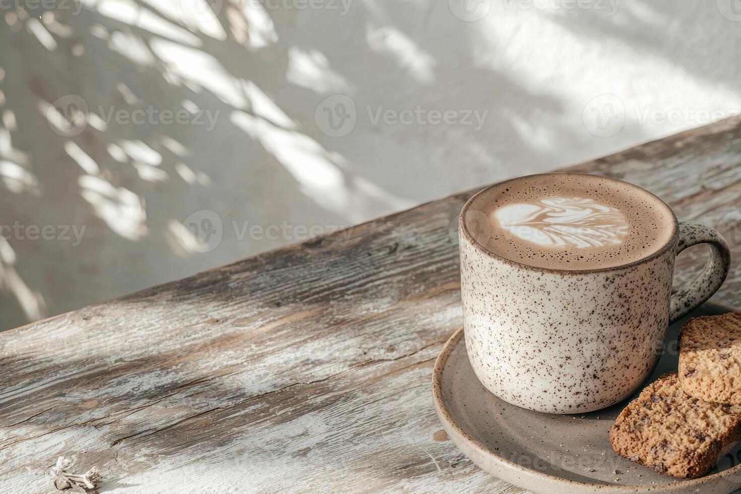 Morning latte with biscotti on rustic wooden table photo