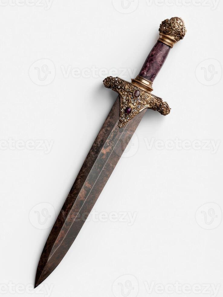 Ornate dagger with jeweled hilt on white background photo