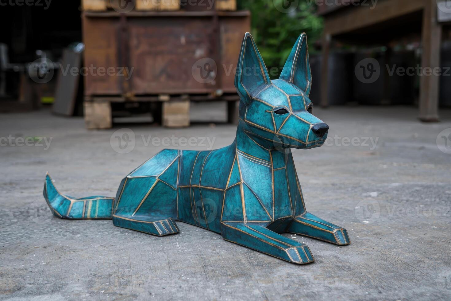 Geometric teal dog sculpture in industrial setting photo