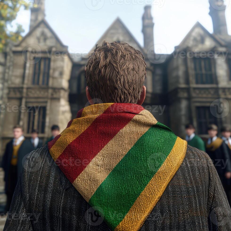 Student standing with back turned, wearing a colorful scarf, in front of a school building photo