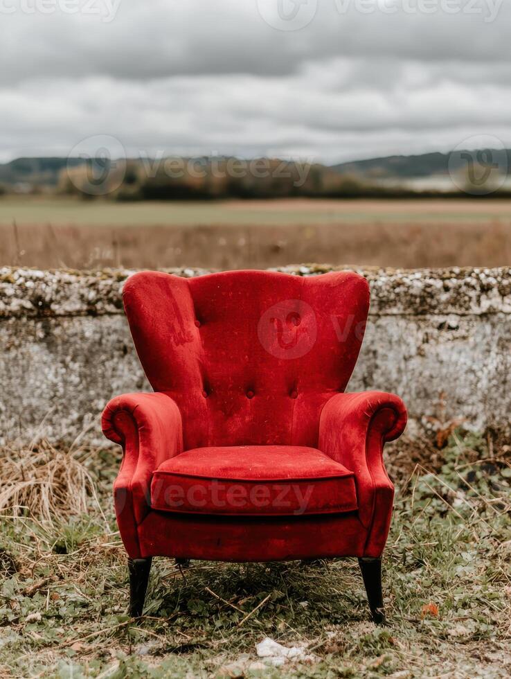 Red velvet armchair in a field photo