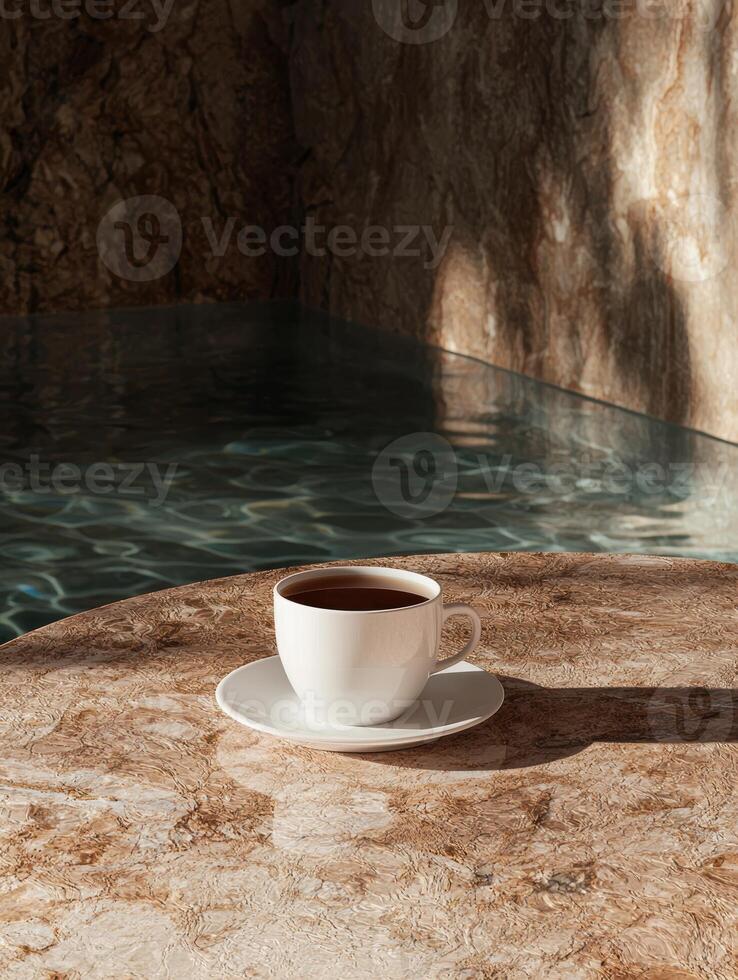 Luxury spa resort with a cup of coffee by the pool photo