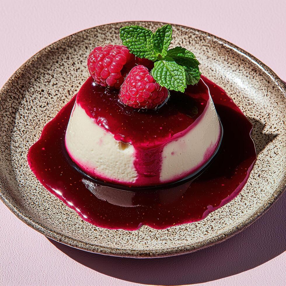 A delicious raspberry panna cotta with fresh mint. photo