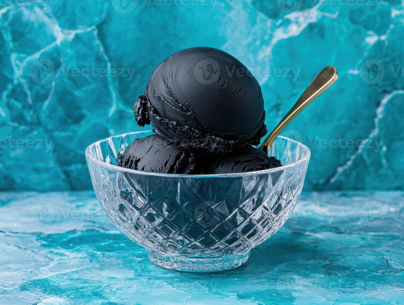 Two scoops of black ice cream in a crystal bowl photo
