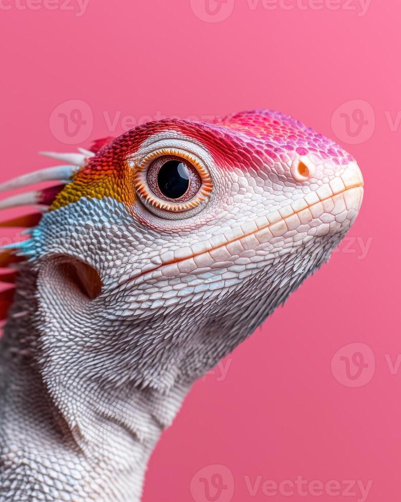 Close up of a vibrant lizard with rainbow scales against a pink background photo