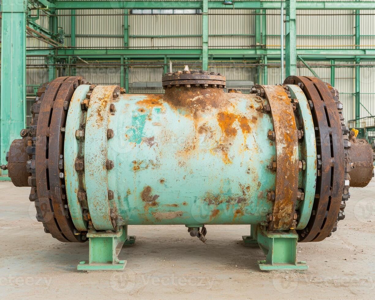 Rusty industrial pipe in a factory setting photo