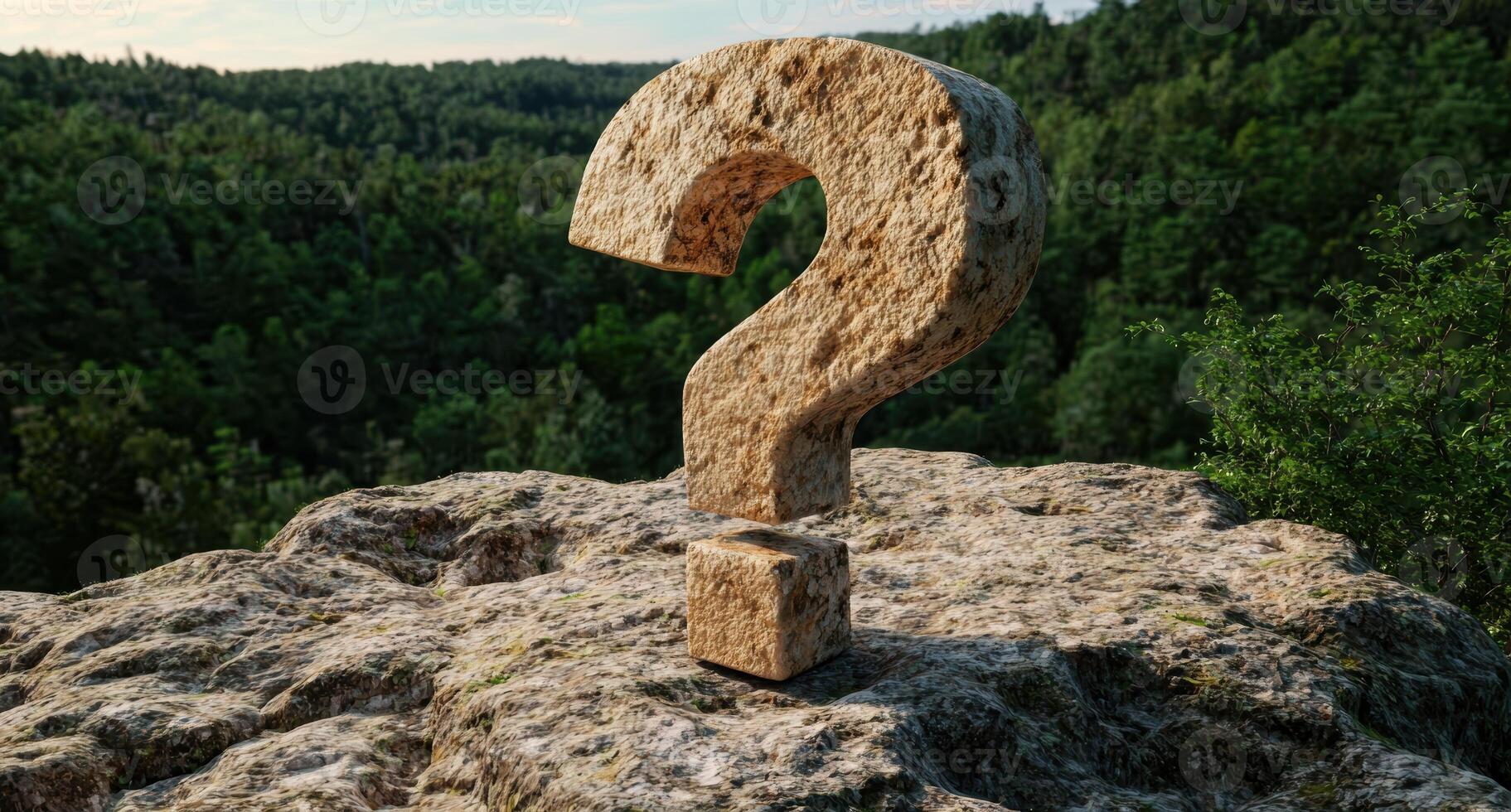 Stone question mark on a rocky outcrop overlooking a forest photo