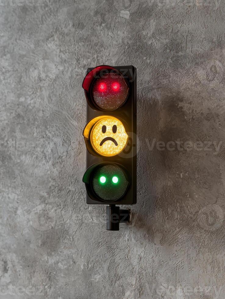 Traffic light with unhappy face shows a warning sign photo