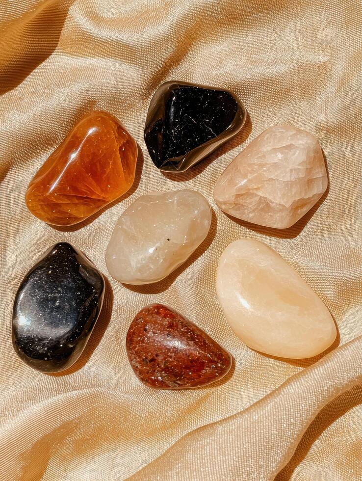 Seven tumbled gemstones on beige silk photo