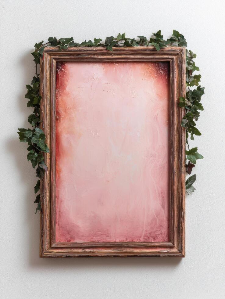 Pink abstract painting in wooden frame with ivy border photo