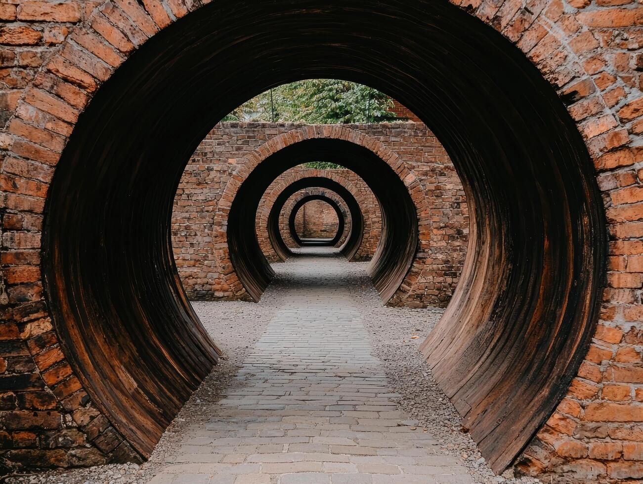 Tunnel of brick arches leading to a path photo