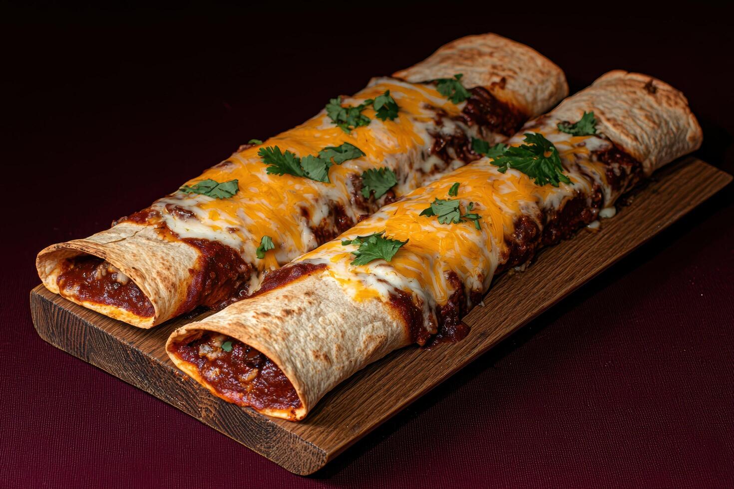 Two delicious enchiladas topped with melted cheese and cilantro photo