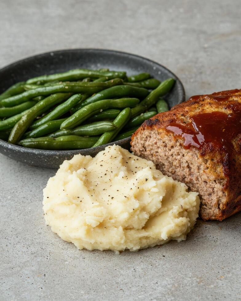 Meatloaf dinner with mashed potatoes and green beans photo