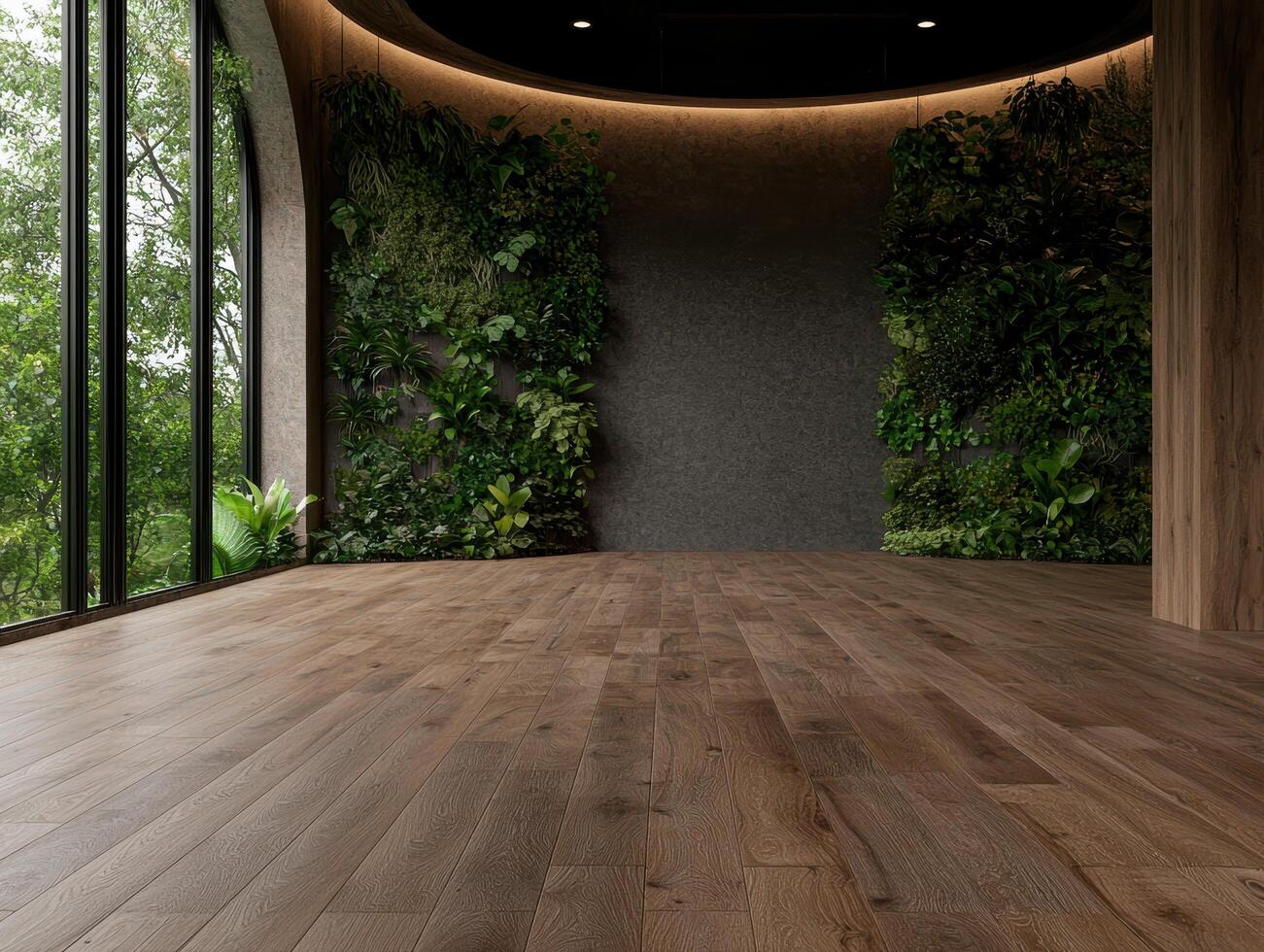 Modern empty room with green wall and large window photo